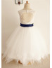Ivory Lace Handkerchief Tulle Skirt Keyhole Back Flower Girl Dress